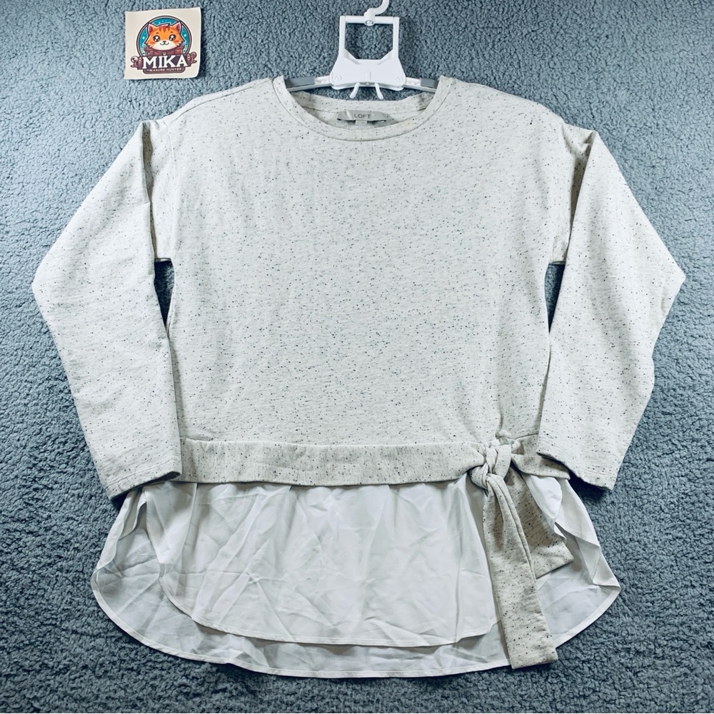Loft Blouse Top Women's Long Sleeve Crew Neck Hip Tie Pullover Knit White Size S